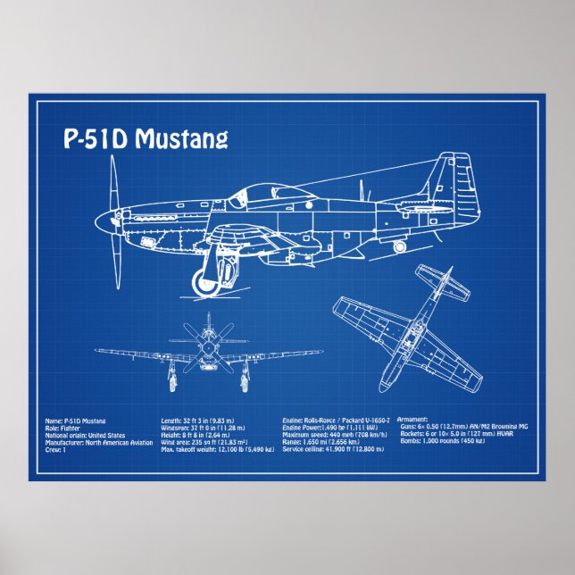 P-51D Mustang - Airplane Blueprint AD Poster (Front)