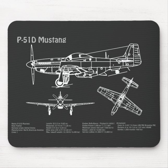 P-51D Mustang - Airplane Blueprint PD Mouse Pad (Front)