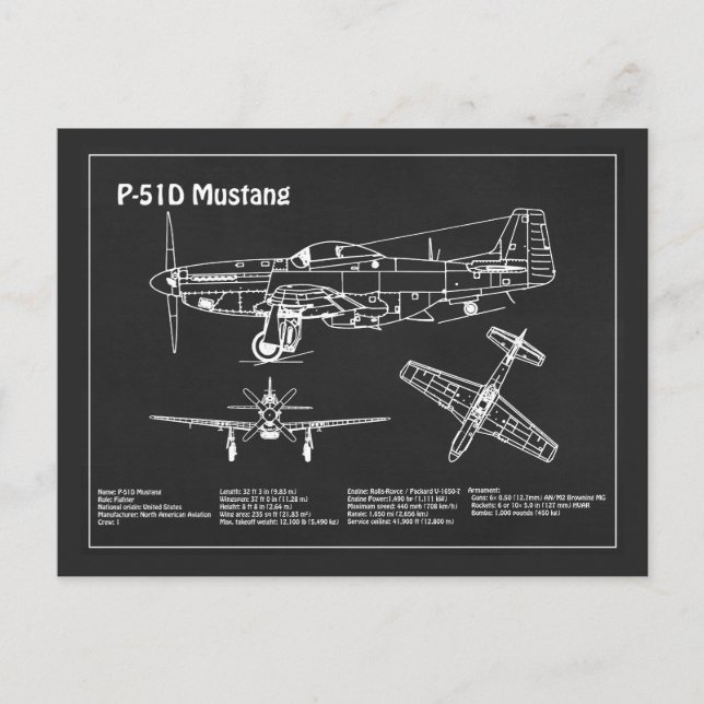 P-51D Mustang - Airplane Blueprint PD Postcard (Front)