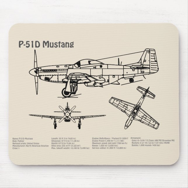 P-51D Mustang - Airplane Blueprint SD Mouse Pad (Front)