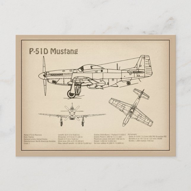 P-51D Mustang - Airplane Blueprint SD Postcard (Front)