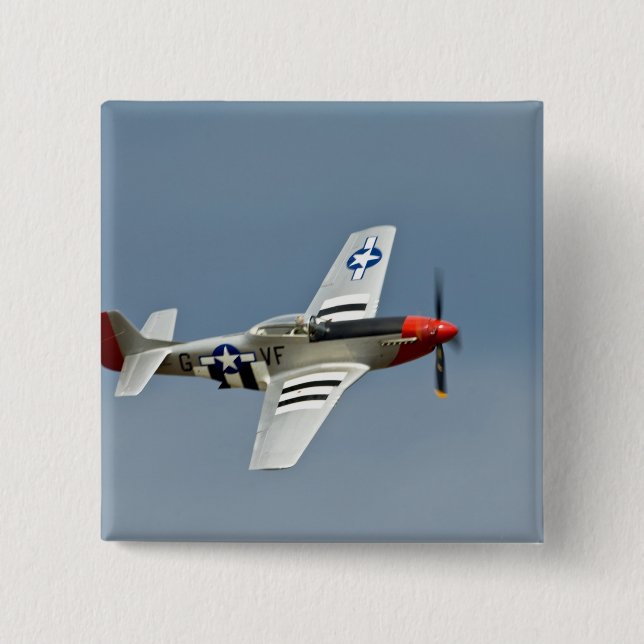 P-51D Mustang Fighter with D-Day markings flying 2 Inch Square Button (Front)