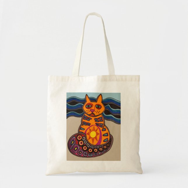 P-Cat-So on the beach cat tote bag folk art (Front)