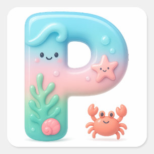 "P" Cute Letter - Underwater Sea Creature  Square Sticker