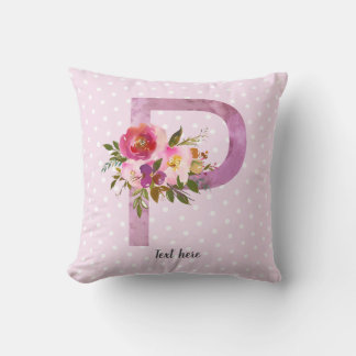 p, Floral Monogram initial , watercolor flower Throw Pillow