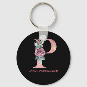 P Floral Monogram Name Letters Pink Agate Keychain