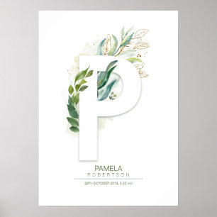 P Letter Monogram Gold Greenery Foliage Chic Poster
