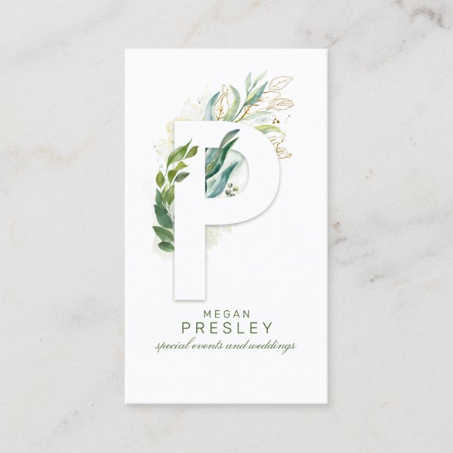 P Letter Monogram Gold Greenery Leaves Elegant Business Card (Front)