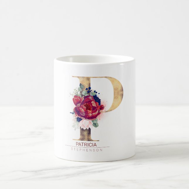 P Monogram Floral Burgundy Red and Navy Blue Coffee Mug (Center)