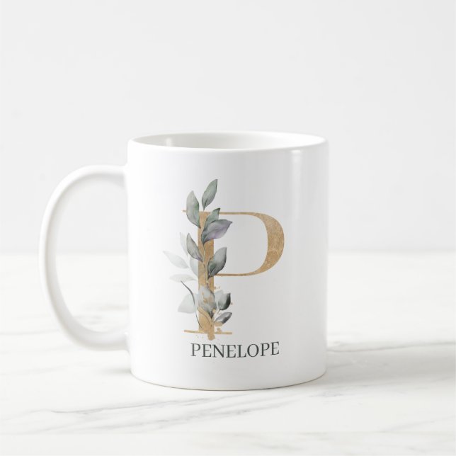 P Monogram Floral Personalized Coffee Mug (Left)
