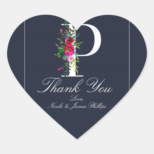 P Monogram Last Initial Modern Blue Floral Wedding Heart Sticker (Front)