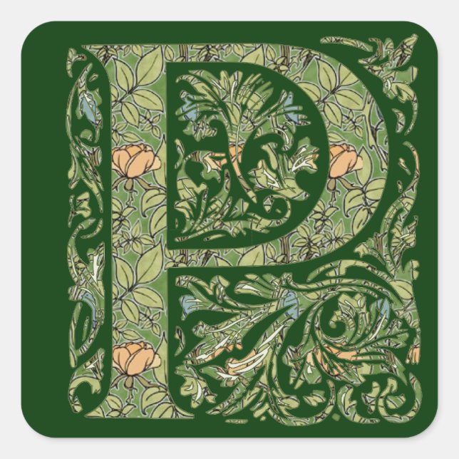 P Ornate Floral Leafy Monogram Square Sticker (Front)