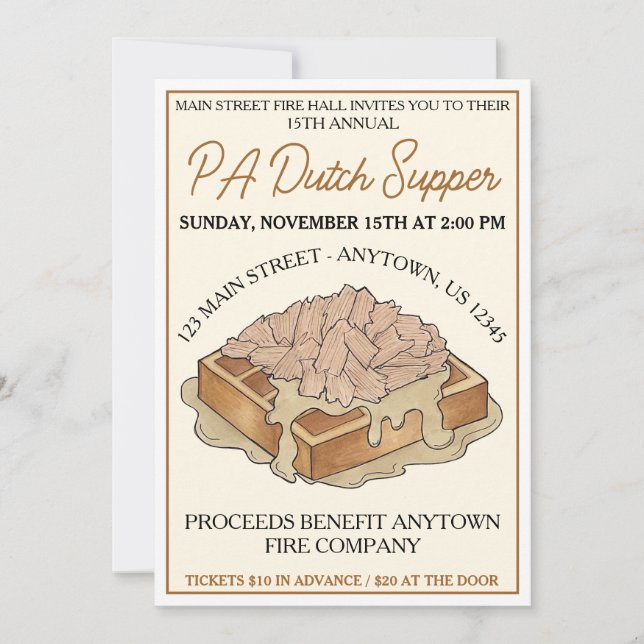 PA Dutch Food Fire Hall Chicken and Waffles Supper Invitation (Front)