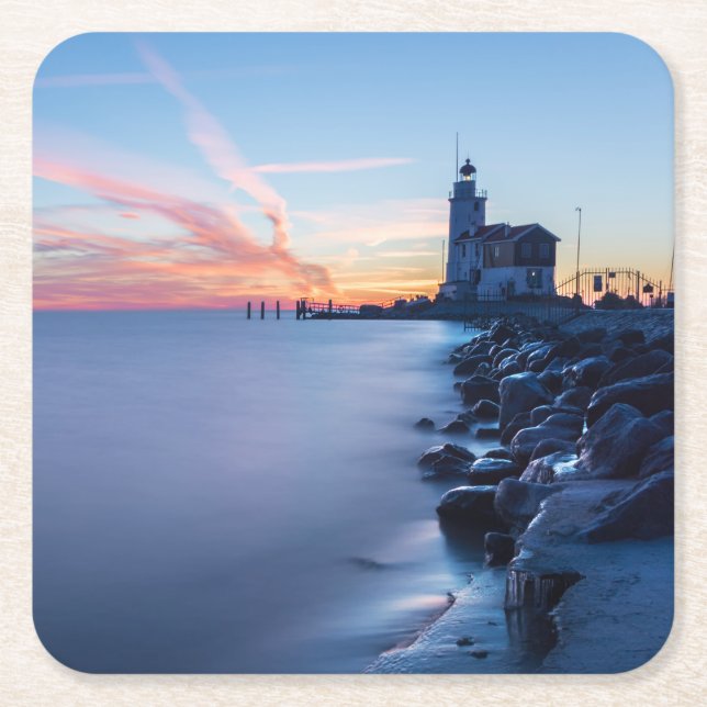 Paard van Marken lighthouse in a blue sunrise Square Paper Coaster (Front)
