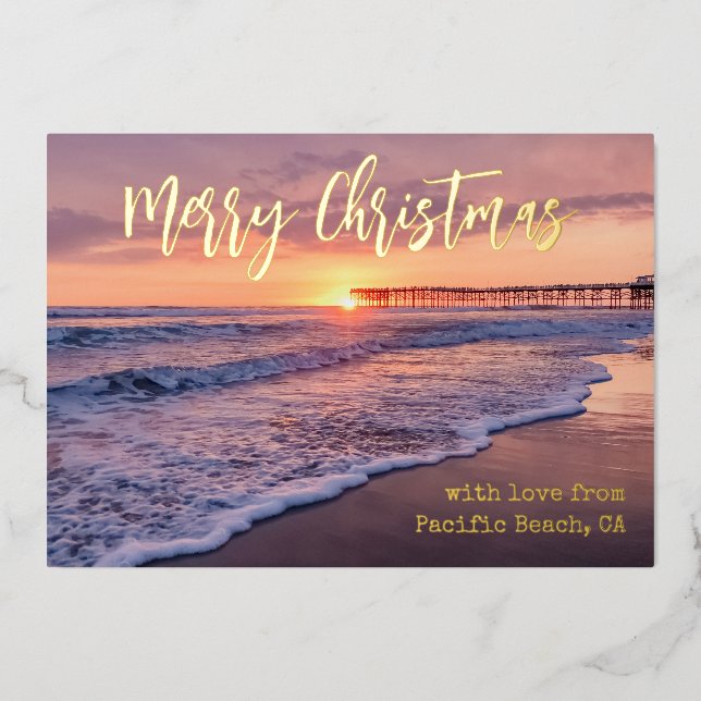 Pacific Beach Ocean Pier Sunset San Diego Foil Holiday Card (Front)