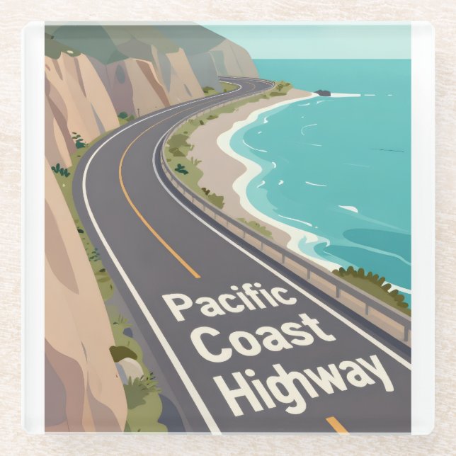 Pacific Coast Highway Graphic Travel Art Glass Coaster (Front)