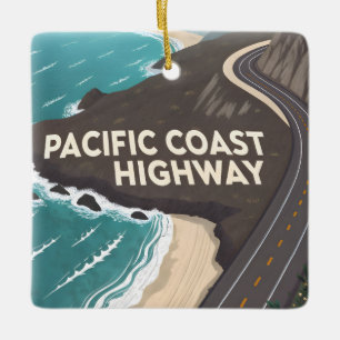 Pacific Coast Highway Retro Travel Art Ceramic Ornament