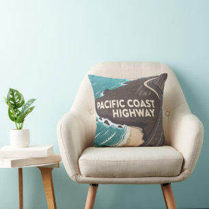 Pacific Coast Highway Retro Travel Art Throw Pillow