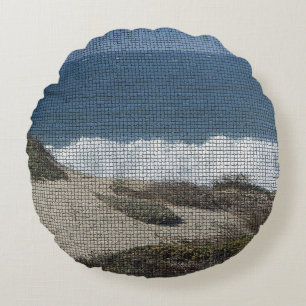 Pacific Coast Landscape Photo Beach Waves Mosaic Round Pillow