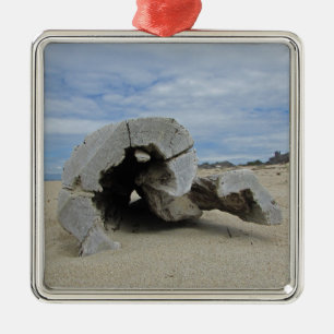 Pacific Coast Photo Beach Driftwood Happy Holiday Metal Ornament