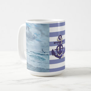 Pacific coast seascape/beach/seagulls/waves/anchor coffee mug