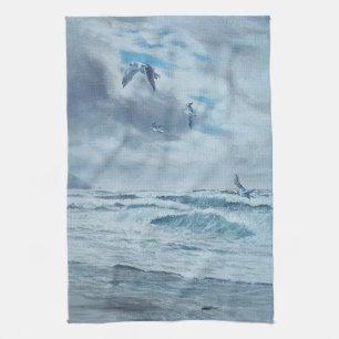 Pacific coast seascape, beach, seagulls, waves kitchen towel
