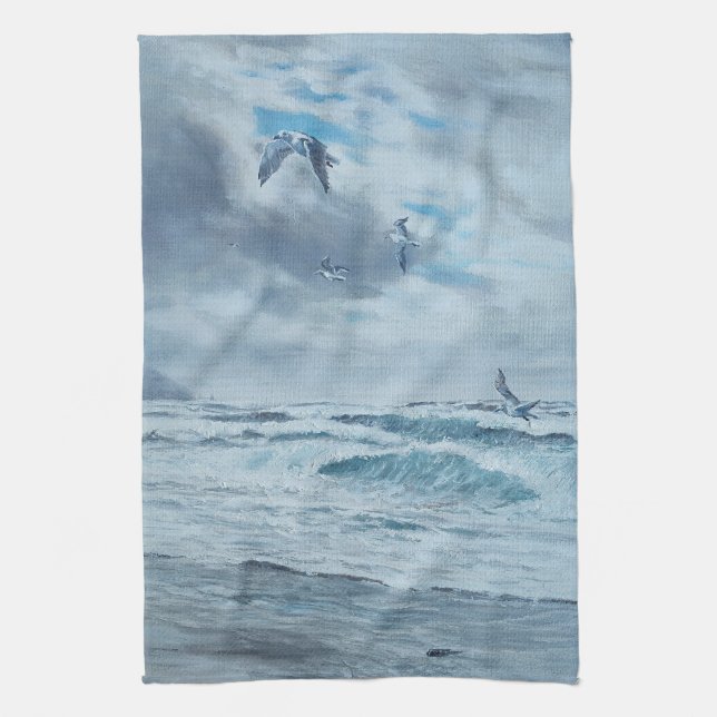 Pacific coast seascape, beach, seagulls, waves kitchen towel (Vertical)
