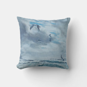Pacific coast seascape, beach, seagulls, waves throw pillow