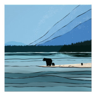 Pacific Northwest Bear Family Wilderness Landscape Poster
