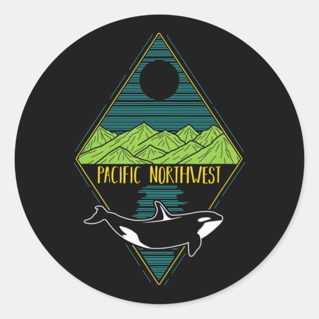 Pacific Northwest Orca Whale Tree Mountain Ocean P Classic Round Sticker (Front)