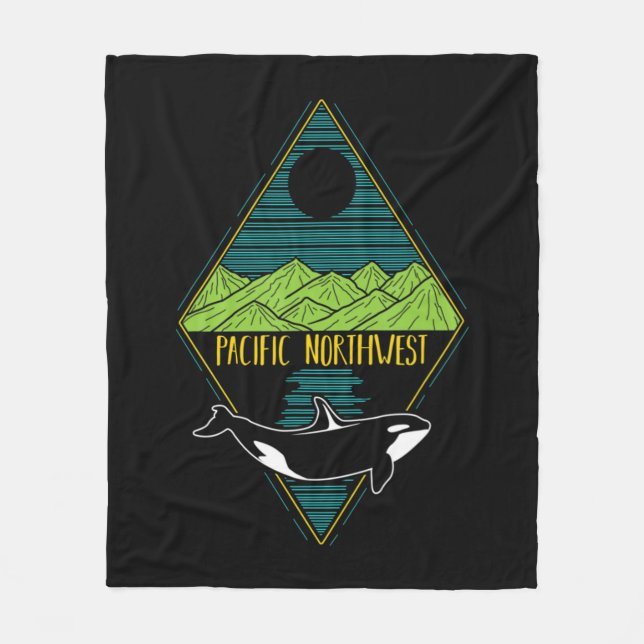 Pacific Northwest Orca Whale Tree Mountain Ocean P Fleece Blanket (Front)