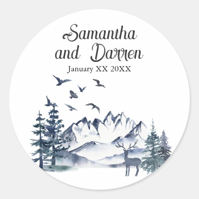 Pacific Northwest Rocky Mountains Wedding Classic Round Sticker (Front)