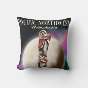 Pacific Northwest Totem pole travel poster T-Shirt Throw Pillow