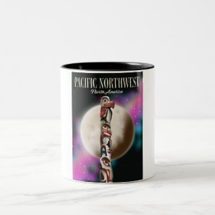 Pacific Northwest Totem pole travel poster Two-Tone Coffee Mug