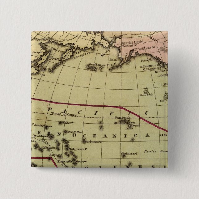 Pacific Ocean Hand Coloured Atlas Map 2 Inch Square Button (Front)