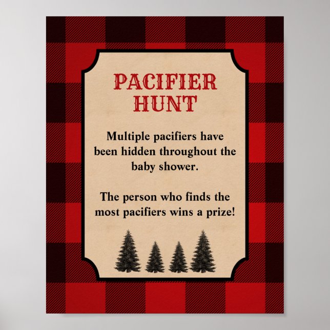 Pacifier Hunt Baby Shower Game Sign Lumberjack (Front)