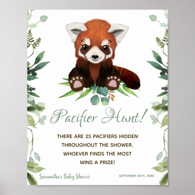 Pacifier Hunt Game Baby Shower Sign Red Panda Bear (Front)