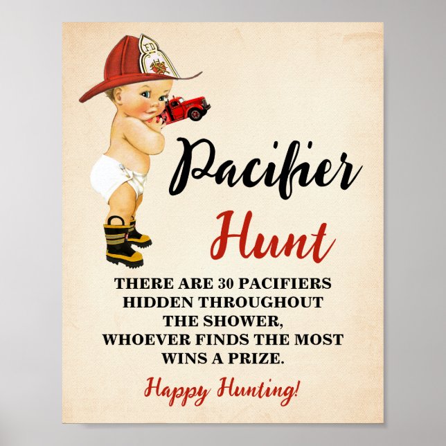 Pacifier Hunt Game Little Firefighter Baby Shower Poster (Front)