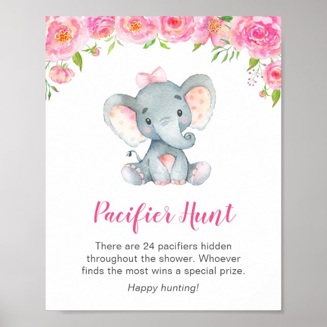 Pacifier Hunt Game Sign Elephant Baby Shower Girl (Front)