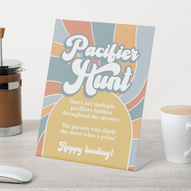 Pacifier Hunt Groovy Retro Sunshine Baby Shower Pedestal Sign (In SItu)