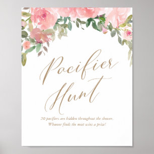 Pacifier Hunt Pink Floral Baby Shower Poster