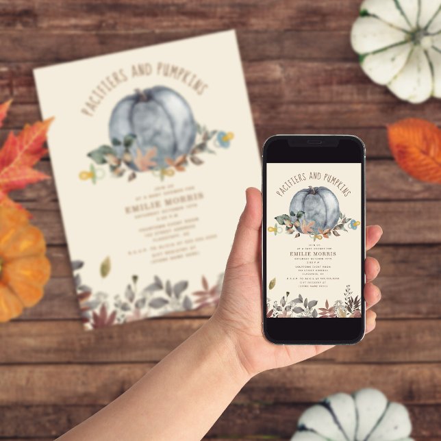 Pacifiers + Pumpkins Fall Autumn Boy Baby Shower Invitation (Creator Uploaded)