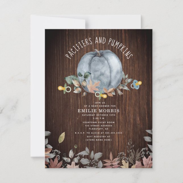Pacifiers + Pumpkins Fall Wood Boy Baby Shower Invitation (Front)