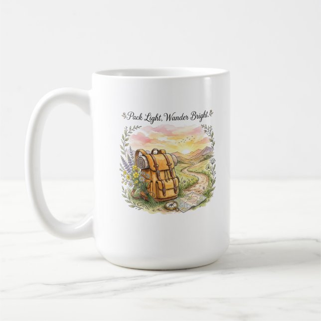 Pack Light Wander Bright Travel Adventure Quote Coffee Mug (Left)