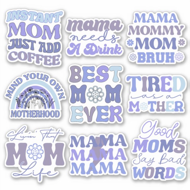 Pack of Funny Blue Retro Mom Quotes Vinyl Sticker (Front)
