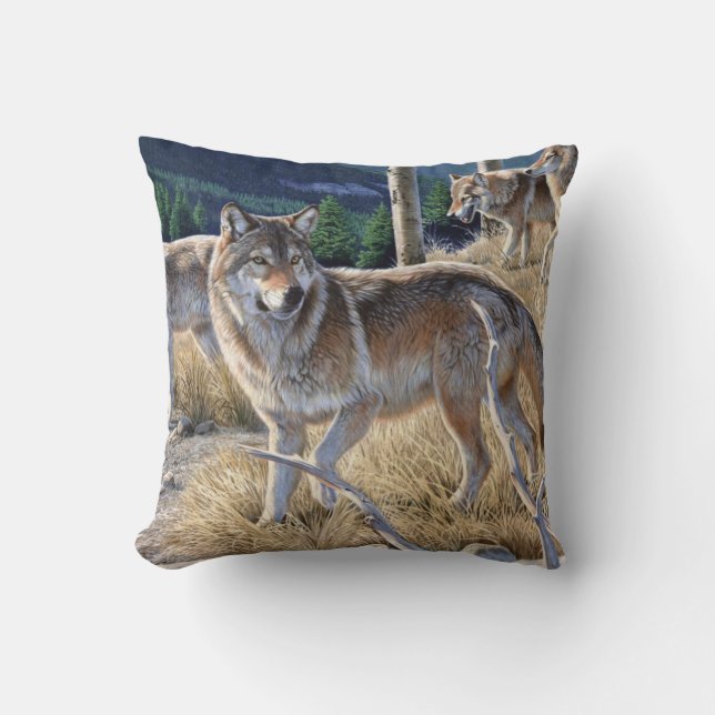 Pack of wolves in the forest painting throw pillow (Front)