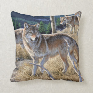 Pack of wolves in the forest painting throw pillow