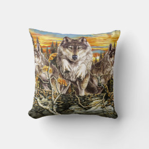 Pack of wolves jumping over a log throw pillow