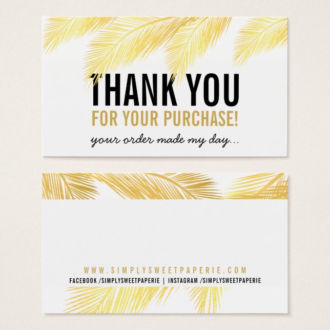 PACKAGING THANK YOU tropical gold palm leaf frond (Front & Back)