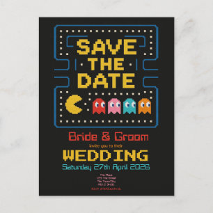 pacman retro personalized gaming 'save the date' holiday postcard